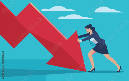 Businesswoman struggling to hold down a large red arrow pointing downwards against a blue sky with clouds, viewed from the side