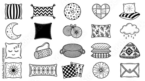 Decorative Pillow Vector Set –  Black-and-White Icons of Unique Shapes, Patterns, and Textures for Home Decor, Textile Design, and Illustration Use