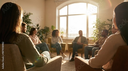 Diverse group having supportive discussion in bright sunlit therapy room
