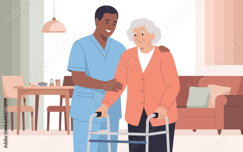 Healthcare professional assisting elderly woman with walker in a modern living room