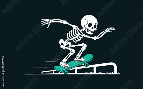 Skeleton skateboarding on a rail in a dynamic illustration showcasing action and thrill