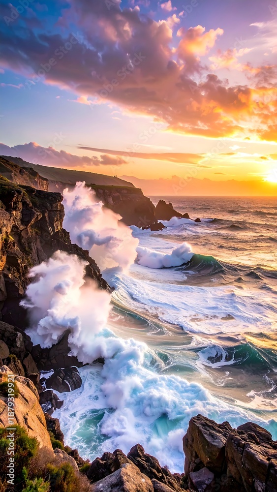 Obraz premium A rocky coastline with waves crashing against the shore at sunset (1)