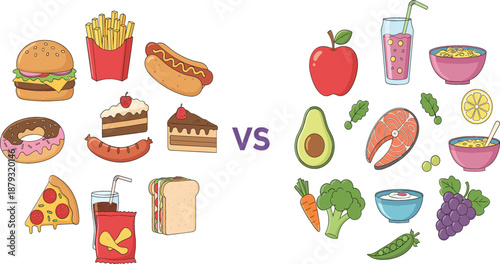 Healthy versus unhealthy food choices comparison vector illustration featuring junk food fast food snacks versus fresh vegetables fruits organic protein and balanced nutrition icons.