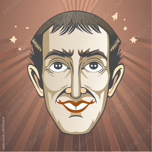 Illustration of a man's face with a cheerful expression surrounded by stars and rays