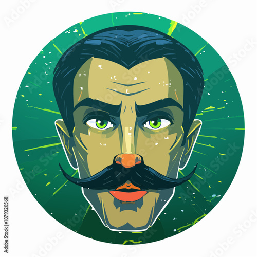 Illustration of a man with a distinctive mustache and green eyes, showcasing a unique character portrait in a circular frame with a green background
