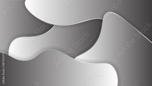 Abstract flowing organic shapes in monochrome gray and white with smooth gradients and shadows creating a modern background design.