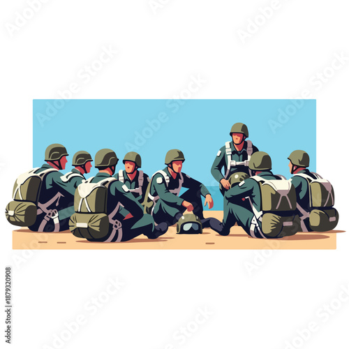 Military soldiers on a break sitting in a desert landscape