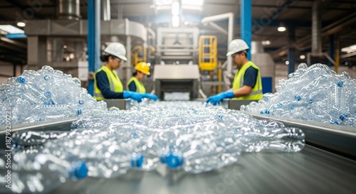 Industrial workers wearing safety gear inspecting bottled water on production line in a modern beverage manufacturing facility for quality control and safety assurance