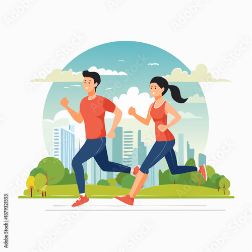 Young couple running together in a park with cityscape background during a sunny day