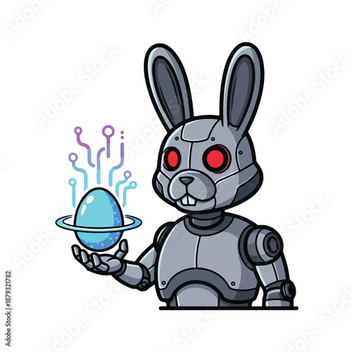 A robot rabbit holds a glowing blue egg