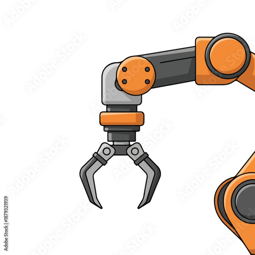 A robotic arm with orange accents and a gray claw