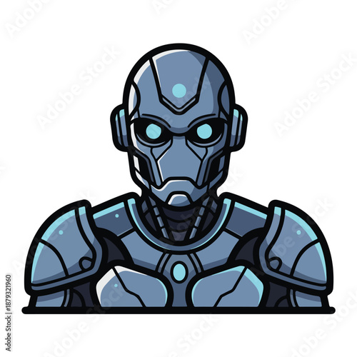 A robotic figure with a futuristic design and glow