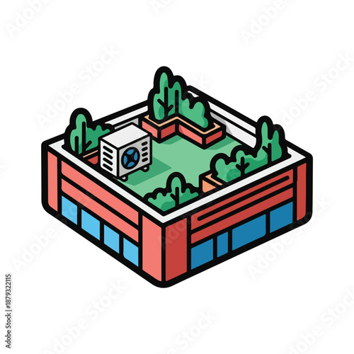 A rooftop garden on a red building with blue windows and a white air conditioning unit