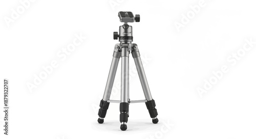 Professional silver photography tripod isolated on a white background.