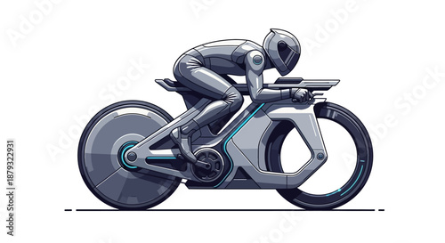 Futuristic cyclist riding an innovative concept bicycle on a white background.