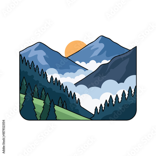 A serene mountain landscape with trees and sunset