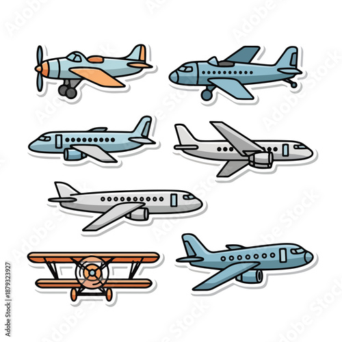 Принти на полотні A set of seven cartoon airplanes in various colors