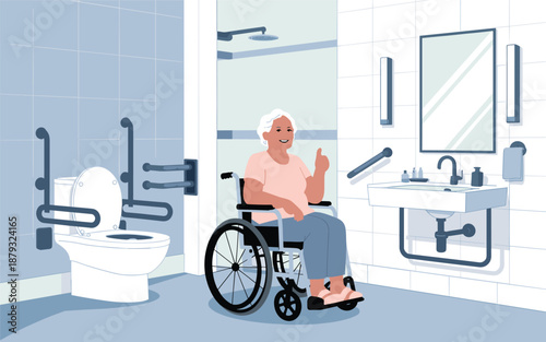 Elderly woman in wheelchair waving in a bathroom with grab bars and accessible toilet from a front viewpoint