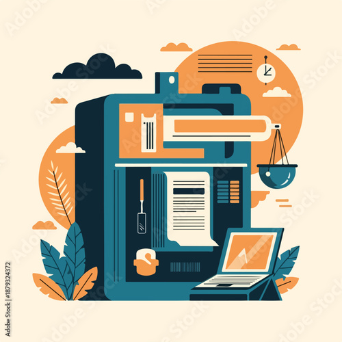 Vending machine with laptop and scales on a natural background