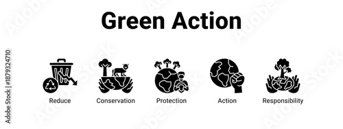 Green Action web banner icon vector illustration concept ,  with icon of Reduce, Conservation, Protection.