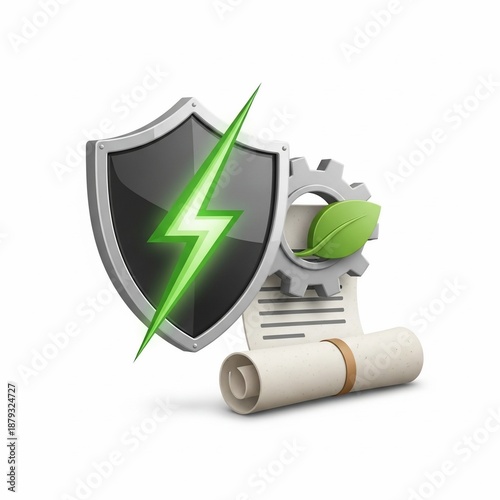 Green energy protection and documentation concept with shield and gear.