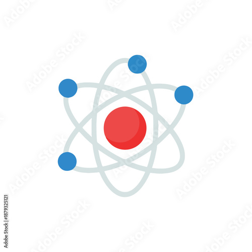 Atom structure with red nucleus and blue electrons orbiting