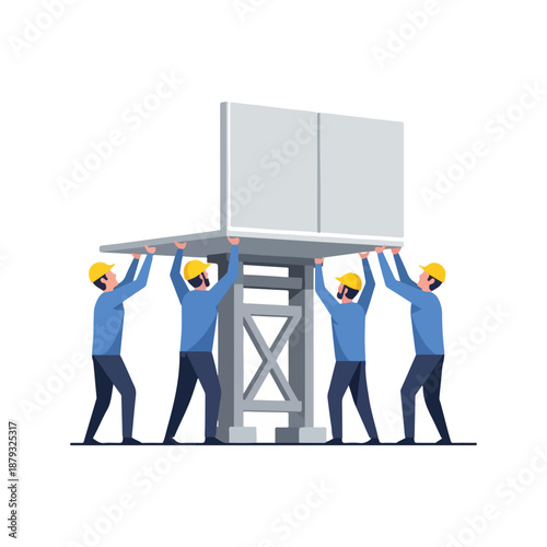 Four workers in hard hats lifting a large billboard structure