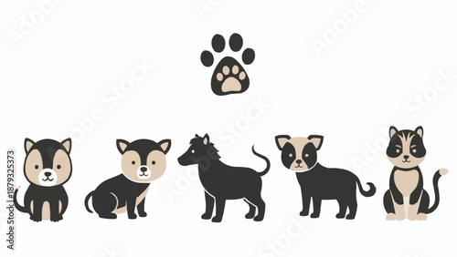 Cute cartoon dogs and a cat illustration with paw print.