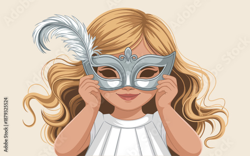 Young girl holding a silver masquerade mask with feathers in front of her face, smiling happily indoors