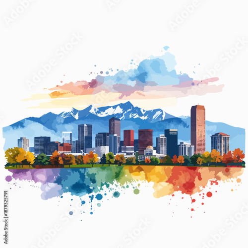 Watercolor painting of a city skyline with mountains in the background and a colorful abstract design beneath ideal for design templates