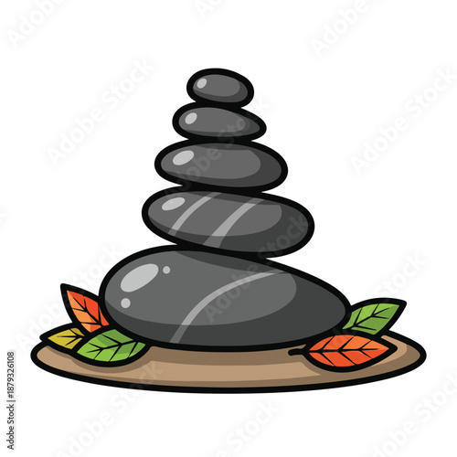 A stack of smooth gray stones on a brown base with colorful leaves