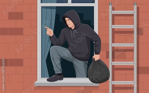 Illustration of a burglar escaping through a window with a sack on a brick building