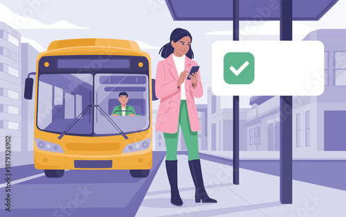 Woman waiting at bus stop with bus arriving, checking phone for arrival confirmation, standing under shelter on city street