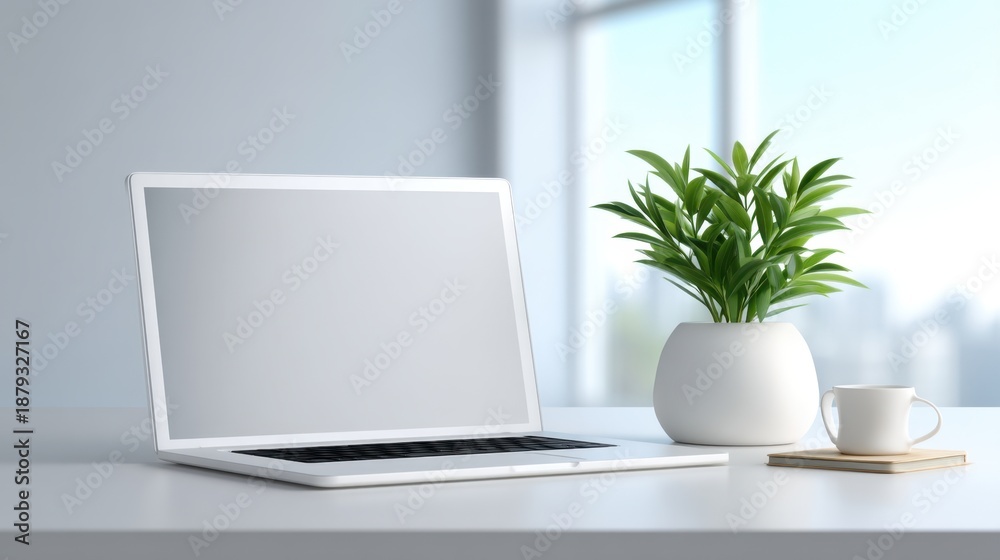 Fototapeta premium Modern Workspace with Laptop, Potted Plant, Coffee Cup, and Notepad on Minimalist Desk in Bright Room with Natural Light Streaming Through Window