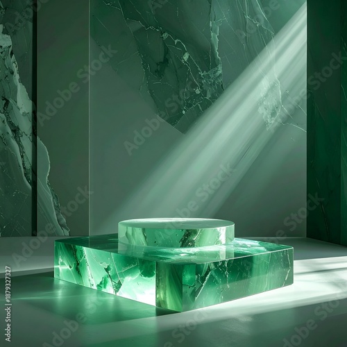 A glowing green podium with light streaks against a marble background