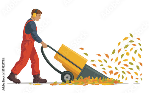 Man in orange overalls blowing leaves with a leaf blower in a yard during autumn from a side view