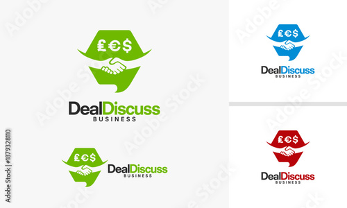 Deal Discuss Business Logo Design with Currency Symbols and Handshake.