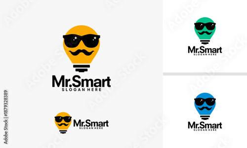 Mr Smart light bulb character with sunglasses and mustache logo design.