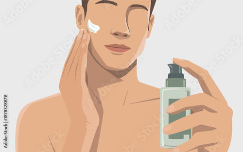 A person applying lotion to their face with a bottle of moisturizer in the other hand