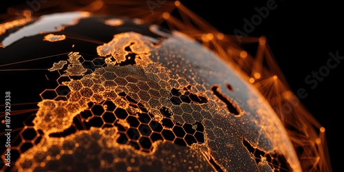 Glowing hexagonal grid overlays a dark globe with connected nodes
