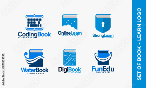 Set of six book logos for online learning and education platforms.