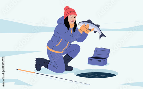 Woman ice fishing on a frozen lake, catching a fish through a hole in the ice, outdoors in winter, viewed from the side.