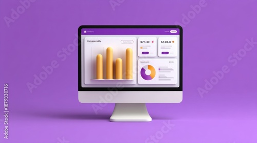 Wallpaper Mural Modern computer screen displaying vibrant data analytics dashboard with colorful graphs and statistics on a purple background Torontodigital.ca