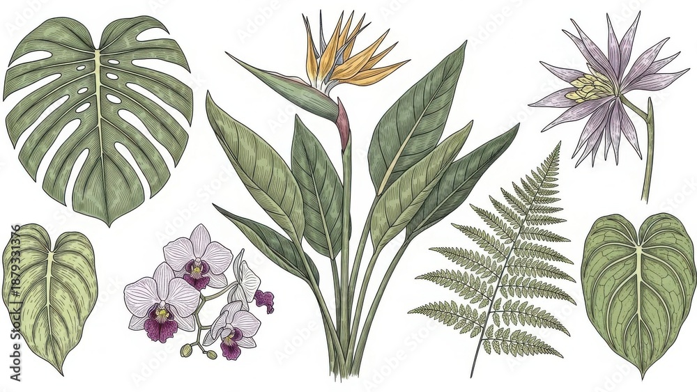 Obraz premium Tropical Leaves and Flowers Botanical Illustration.