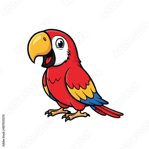 Colorful cartoon parrot with red blue and yellow feathers standing alone