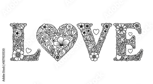 An intricately detailed floral design spells out the word love in a captivating black silhouette