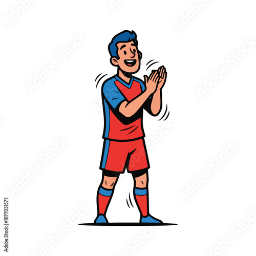 Man in red and blue soccer uniform applauding with enthusiasm