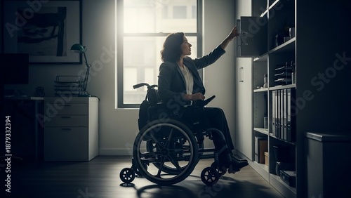 Woman in wheelchair reaching for a book on a shelf in a dimly lit office.