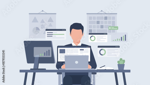 Man working on laptop and desktop with data analytics dashboards and charts.