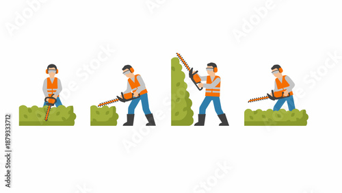 A person in safety gear trimming a green hedge with a hedge trimmer in four sequential steps.